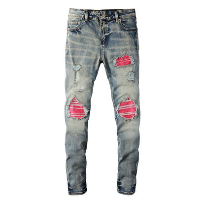 6806 High Street Trendy Brand Ripped Patch Jeans Vintage Men's Elastic Slim High Street Jeans