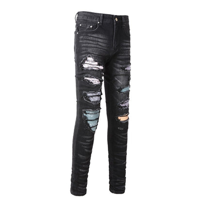 High Street Jeans Trendy Men's Ripped Colorful Patch Beggar Knee Jeans #1334