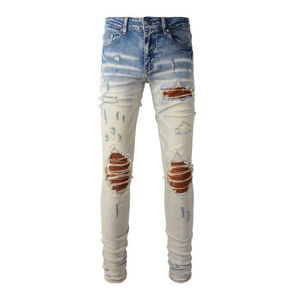 887 European and American Street Tide Ripped Patch Jeans High Street Tide Slim-fit Pants Jeans