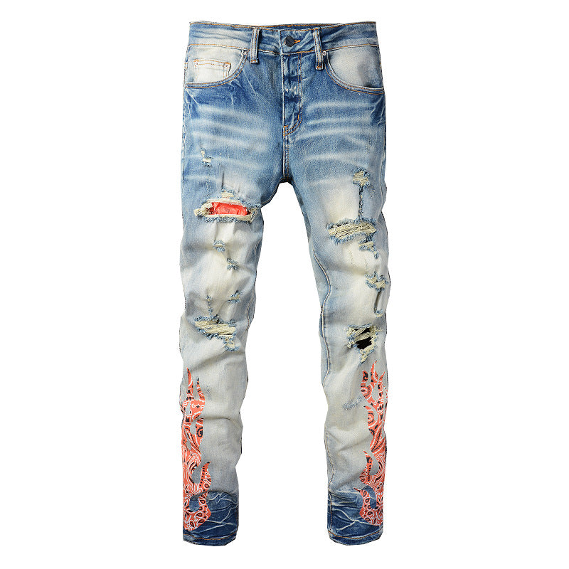 European and American Street Trendy Ripped Patch Jeans High Street Trendy Men's Printed Slim-fitting Pants #836