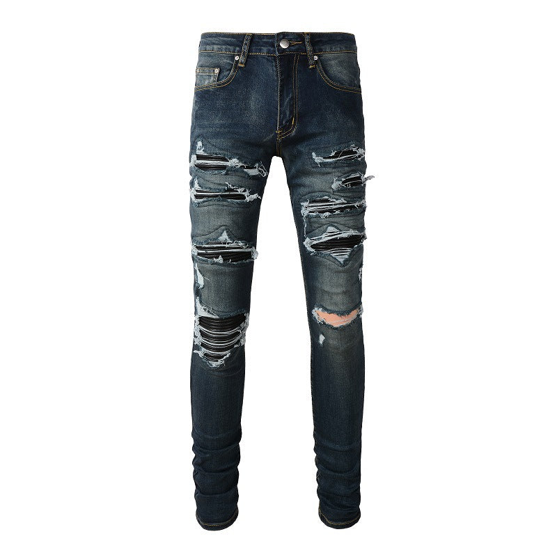 1320 European and American Trendy High Street Jeans, Ripped Patch Leather Slim-fit Jeans