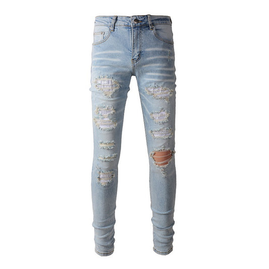 Foreign Trade High Street Denim Casual Trousers Micro-elastic Cotton Youth Blue Ripped Skinny Jeans