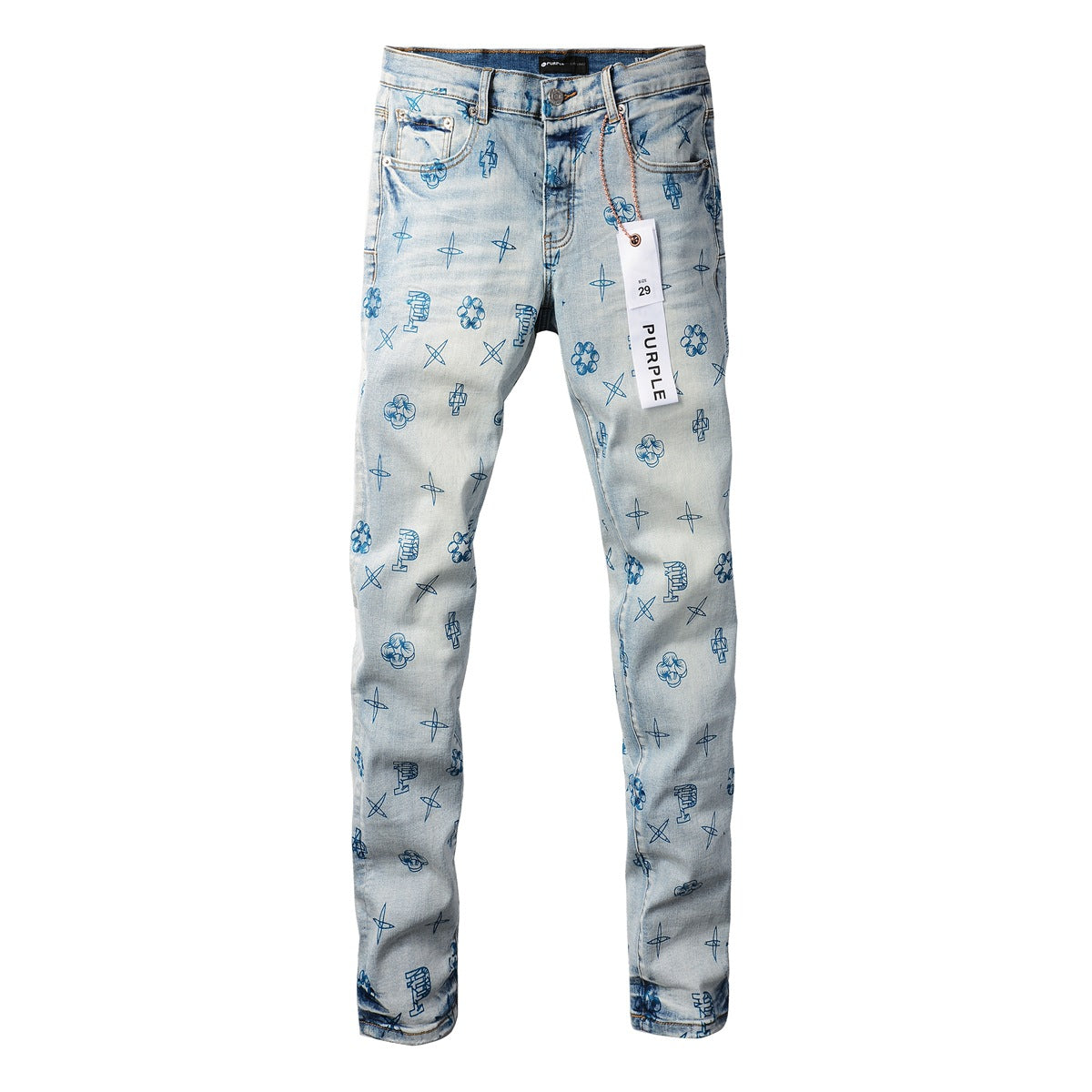 Trendy Blue Denim Pants 9063 with Unique Print Details for a Fashion-Forward Look