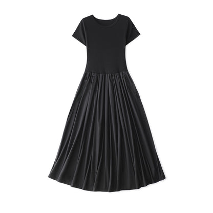 Chic Slimming Waist-Defined Little Black Dress with Elegant Round Neck and Pleated A-Line Maxi