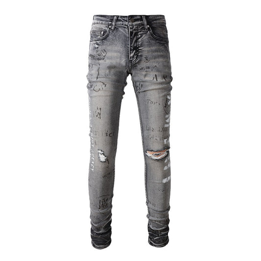 Street Denim Ripped Micro-elastic Cotton Youth Gray Paint-splashed Slim Jeans #879