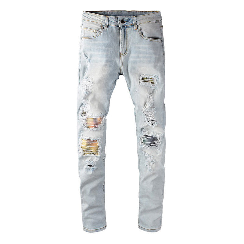 Jean déchiré tendance avec patchs, couleur diamant, tie-dye, élastique, slim, High Street, 637 