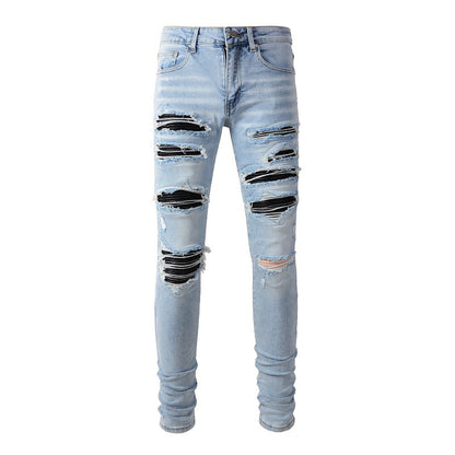 1307 European and American High Street Jeans Sticker Hand worn Ripped Jeans Slim fitting and Thin Small Feet Jeans