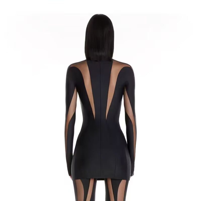 Trendy Sheer Little Black Dress with Mesh Panels and Bodycon Fit