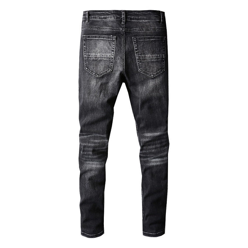 High Street Trendy Brand Ripped Retro Frayed Embroidery Stacked Slim Small Foot Jeans Men #698