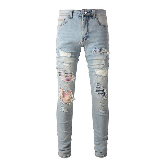 6637 High Street Tide Brand Hole Gradual Change Color Patch Jeans Retro Men Elastic Slim High Street Jeans