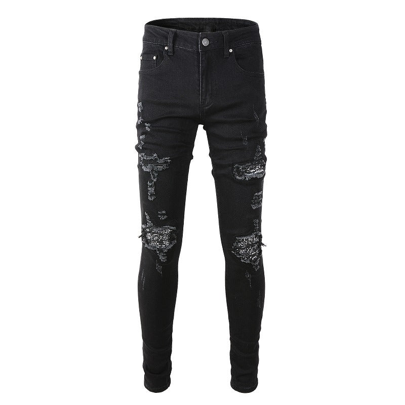 High Street Trend Ripped Patch Jeans Fashion Trend Slim-Fit Jeans