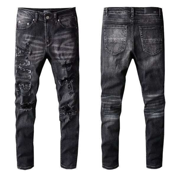 Men's Slim Fit Black Jeans 698 with Comfortable Stretch and Patchwork Details