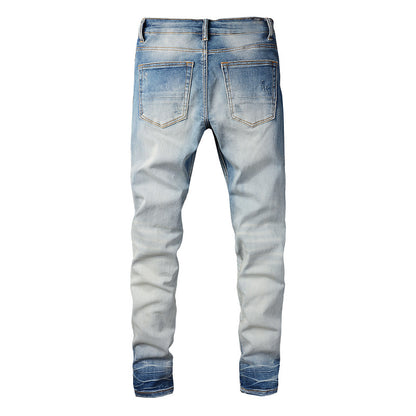 European and American Fashion Street Print Letter Ripped Denim Casual Slim-fitting Small-footed Jeans #831