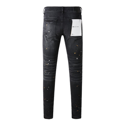 Mens Jeans - Distressed Black Denim with Knee Slit and Ripped Hole 9045