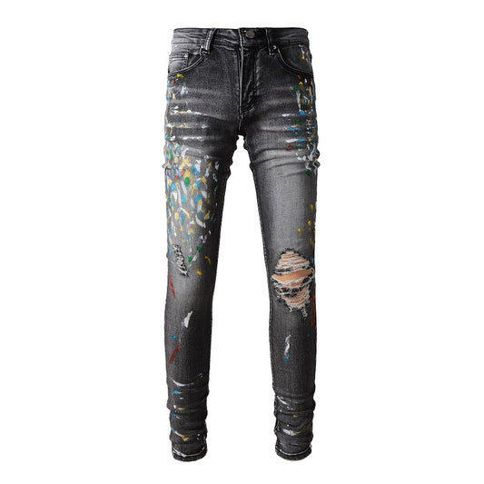 Trendy Brand Jeans Graffiti Splashing Ink Pattern Ripped Jeans Elastic Slim Denim #1303