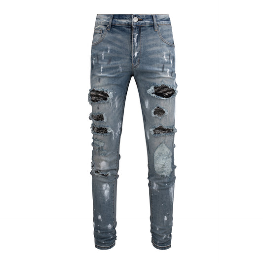 Men's Slim Fit Black Jeans with Paint Design and Patchwork Distressed Look