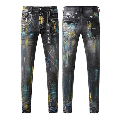 Fashionable Black Jeans with Bold Colorful Paint and Graffiti Detailing