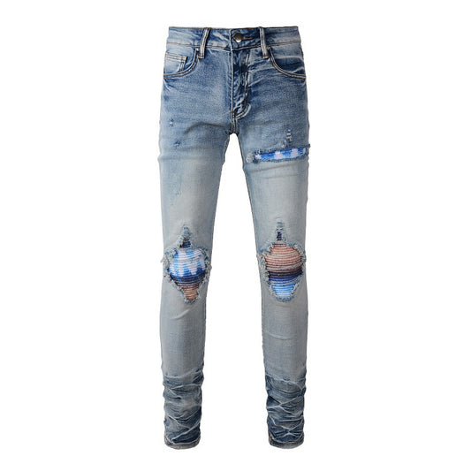 Pantalones vaqueros con parches rotos y estampados personalizados para hombre, pantalones vaqueros de talla grande para comercio exterior