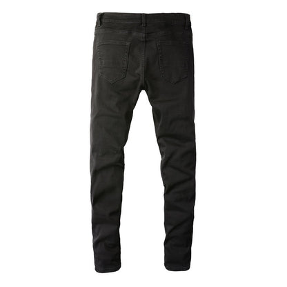 Men's Slim Fit Black Jeans with Wrinkled Details, Patches, and Ripped Design 602