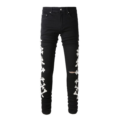 870 Trendy Jeans Ripped Bone Pattern Leather Elastic Blue Skinny Jeans