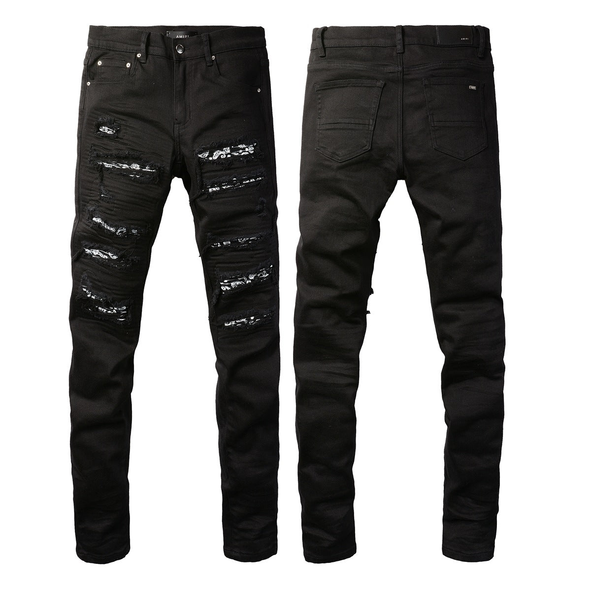 Slim Fit Black Stretch Jeans with Versatile Design and Faux Leather Panels