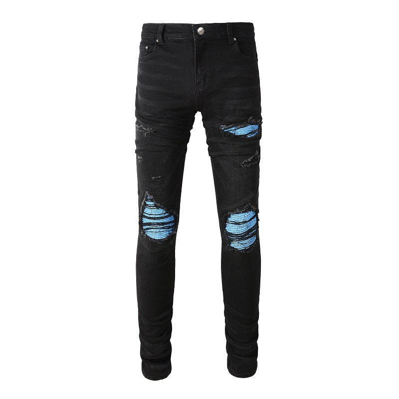 Men's Slim Fit Blue Jeans with Patchwork and Wrinkle Design for Street Style