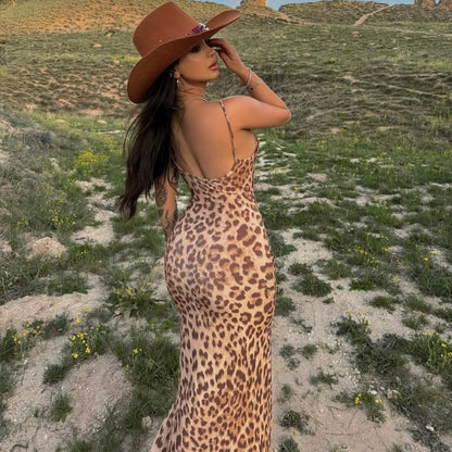 New Fashionable Leopard Print Spaghetti Strap Slim Fit Backless Split Dress D1993495