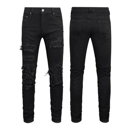 Men's Slim Fit Black Jeans with Patchwork, Wrinkle Details, and Ripped Design