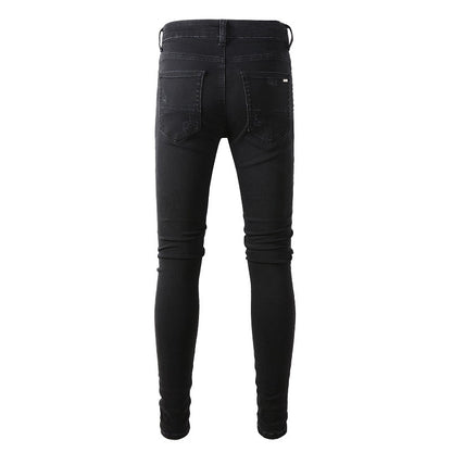 High Street Trendy Black Ripped Patch Jeans Stretch Slim High Street Jeans #849