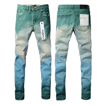 New Pop Style Mens Creases Pants Skinny Purple Denim Cyan-Blue Jeans PB9047A