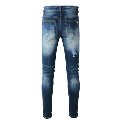 TRENDAMIRI European and American Street Trendy Brand Ripped Patch Jeans High Street Embroidery Letters Slim Feet #838