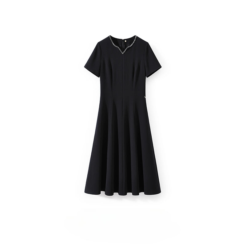 Little Black Dress Series Hepburn-Style Hand-Beaded V-Neck Slim Fit Acetate Dress