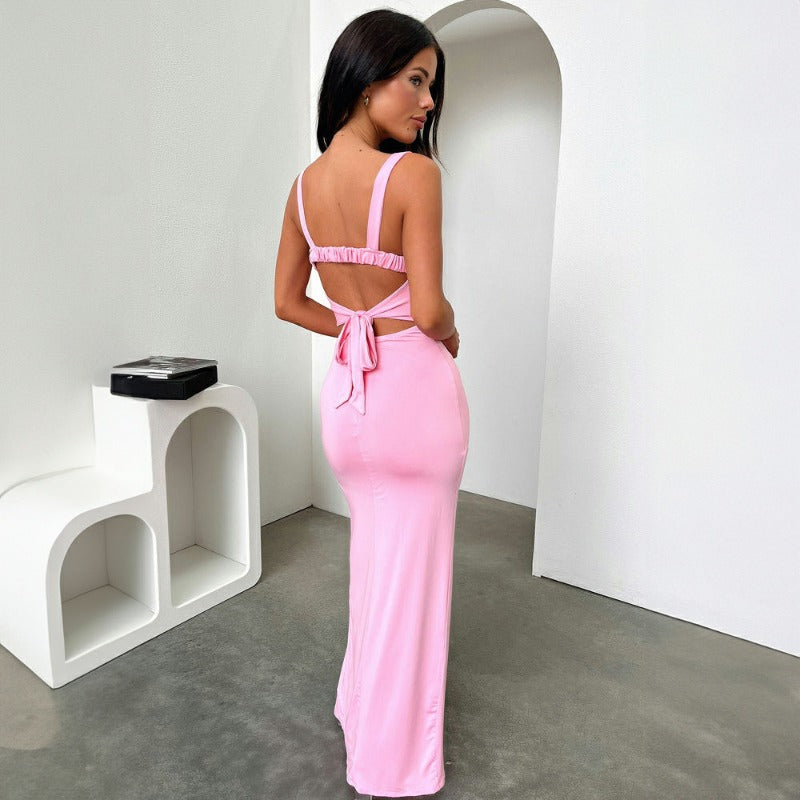 New Slim-Fit Elegant Sleeveless Split Backless Spaghetti Strap Bodycon Dress D1993226