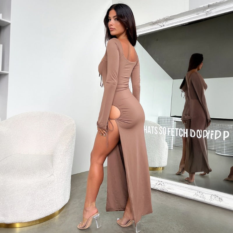 New Fashionable Long-Sleeve Tie-Back Fitted Backless Hollow-Out Side-Slit Dress D1992540