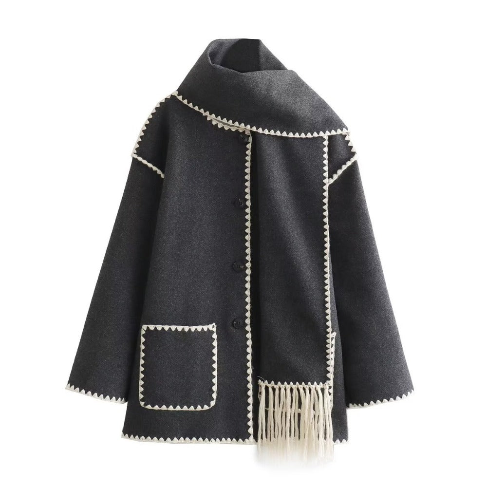 Women's Street Style Scarf Detail Patchwork Wool Coat