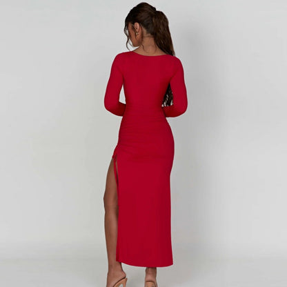 New Fashionable Square Neck Sexy Elegant Long Sleeve Drawstring Split Dress D1992572