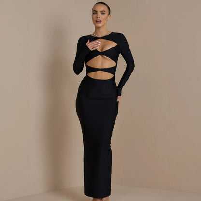 New Fashionable Hollow-Out Solid Color Long-Sleeve Fitted Crop Top Sexy Dress  D1992926