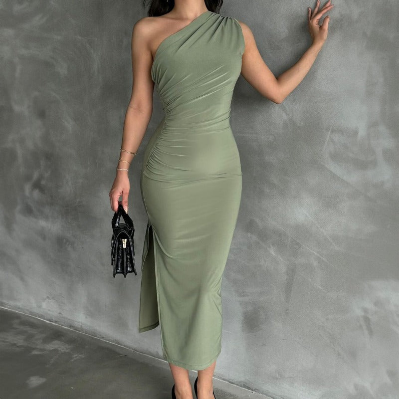 New One-Shoulder Solid Color Slit Sleeveless Sexy Slim-Fit Dress D1993369