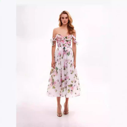 New 2024 Spring/Summer Off-Shoulder European and American Fashion Organza Ethereal Midi Dress with Elegant Evening Gown Appeal