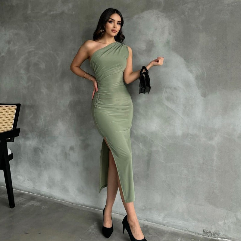 New One-Shoulder Solid Color Slit Sleeveless Sexy Slim-Fit Dress D1993369