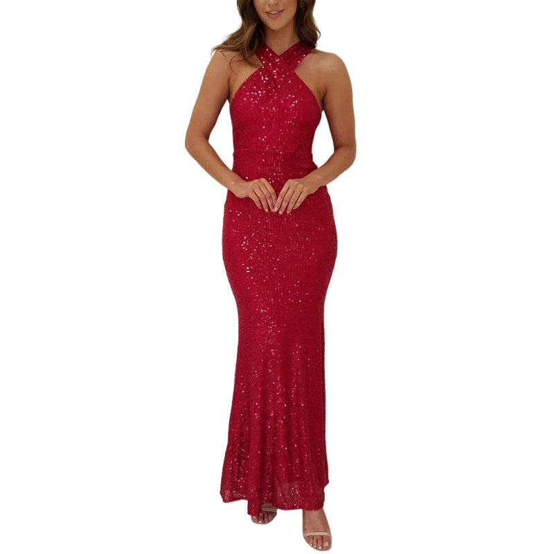 New Sexy Backless Sleeveless Sequin Maxi Dress Evening Gown in European and American Style 2446