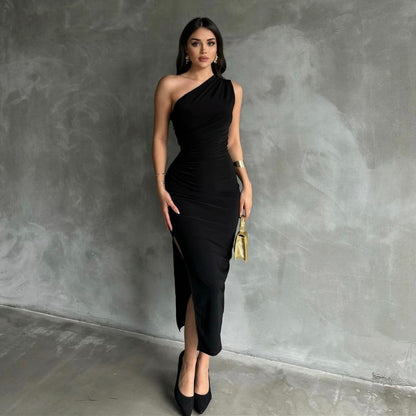 New One-Shoulder Solid Color Slit Sleeveless Sexy Slim-Fit Dress D1993369